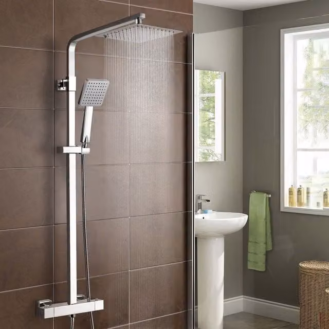 Nes Home Square Thermostatic Exposed Twin Head Mixer Shower Set with Rain Overhead Shower in Chrome Metallic Silver