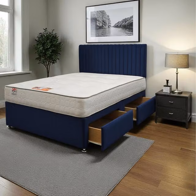 Knight Sleep Modern Hybrid Upholstered Bed Frame and Headboard with Drawers in Blue and Grey, W/D/H: 90 x 200 cm