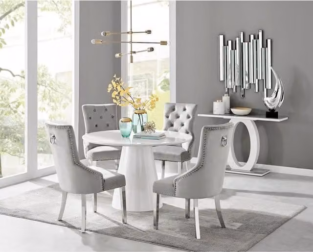 FurnitureboxUK Palma White High Gloss Round Dining Table and 4 Belgravia Grey Chairs