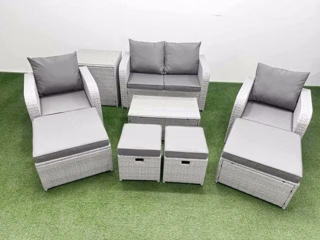Fimous 9 Piece Outdoor Garden Furniture Set in Light Grey with Rectangular Coffee Table, 2 Seater Sofa, Lounge Armchairs and Ottoman