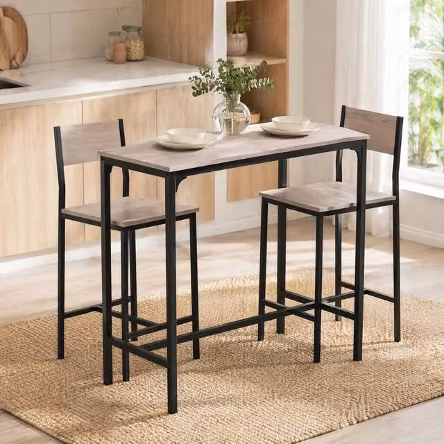 STILVORA Bar Table and Chair Set in Light Oak with Metal Frame