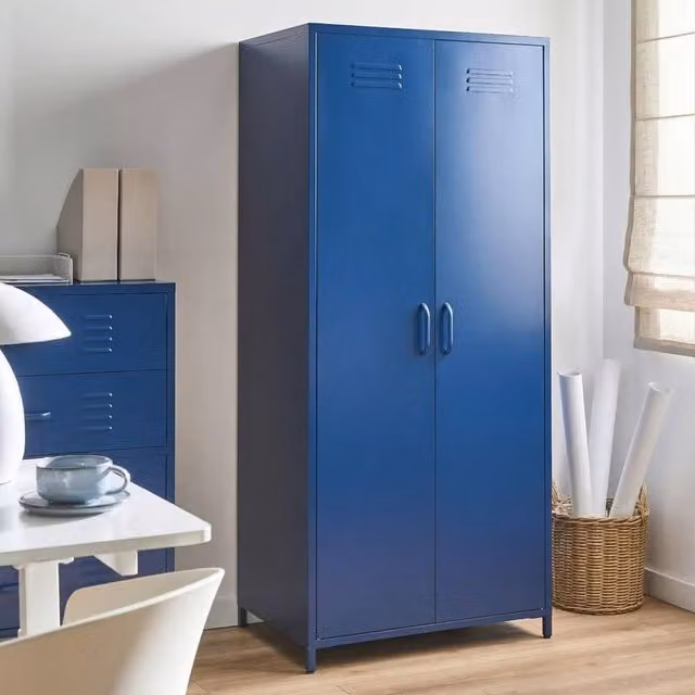 Wyld and Coco Navy Blue Metal Storage Cabinet with 2 Hinged Doors and Internal Shelves, H 170 x W 76 x D 50 cm