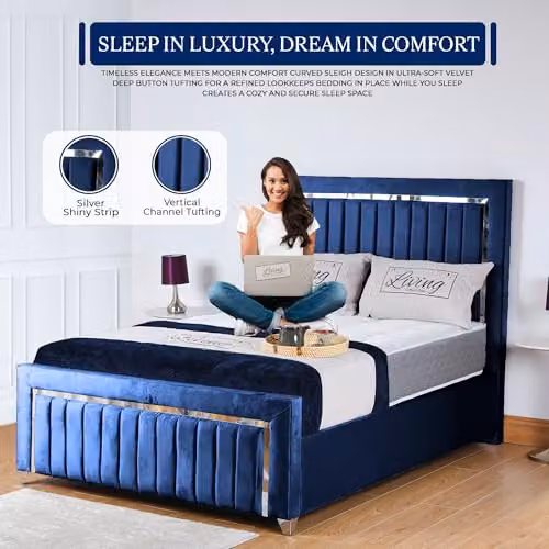 Living Comfort Bedz Zurich Plush Velvet Super King Bed in Blue with Silver Trim and Vertical Lined Headboard and Footboard, W/D/H: 200 x 190 x 122 cm – 2