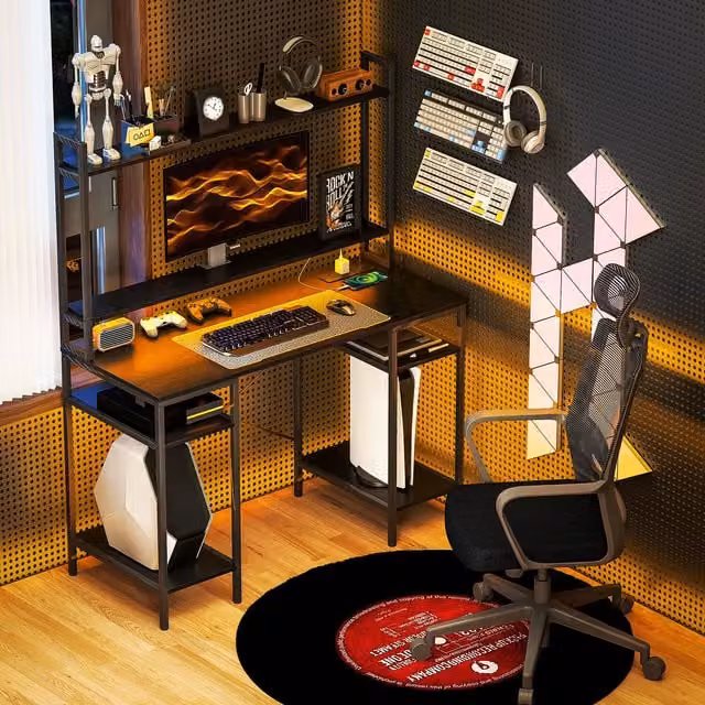 HOMCOM Modern Black Computer Desk with Power Outlet and LED Lights
