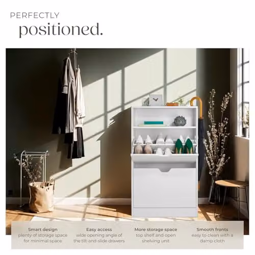 tectake Tall Shoe Storage Cabinet in White, W/D/H: 60 x 24 x 102 cm, Slim Space-Saving Design with 2 Tilting Compartments and Open Shelf for Up to 12 Pairs of Shoes – 3