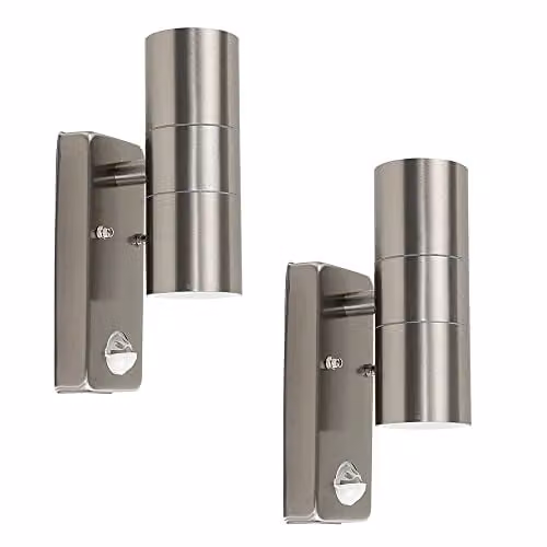 ValueLights Set of 2 Silver Stainless Steel Up and Down Outdoor Wall Lights with PIR Motion Sensor – 1