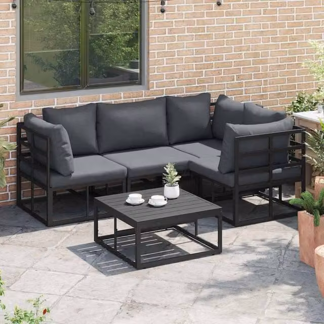 Berkfield Home 5 Piece L-Shape Garden Sofa Set in Black Powder Coated Aluminium with Cushions, W/D/H: 70 x 70 x 32 cm – 1