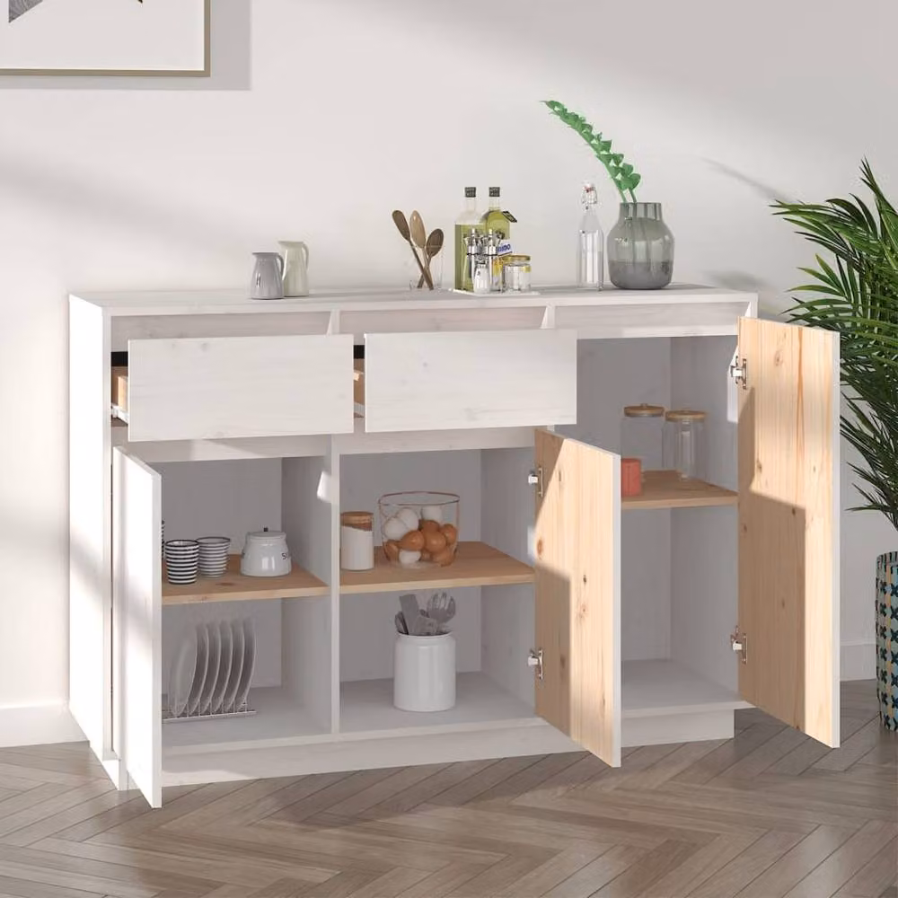 Berkfield Home White Solid Wood Pine Sideboard W/D/H: 110 x 34 x 75 cm – 2