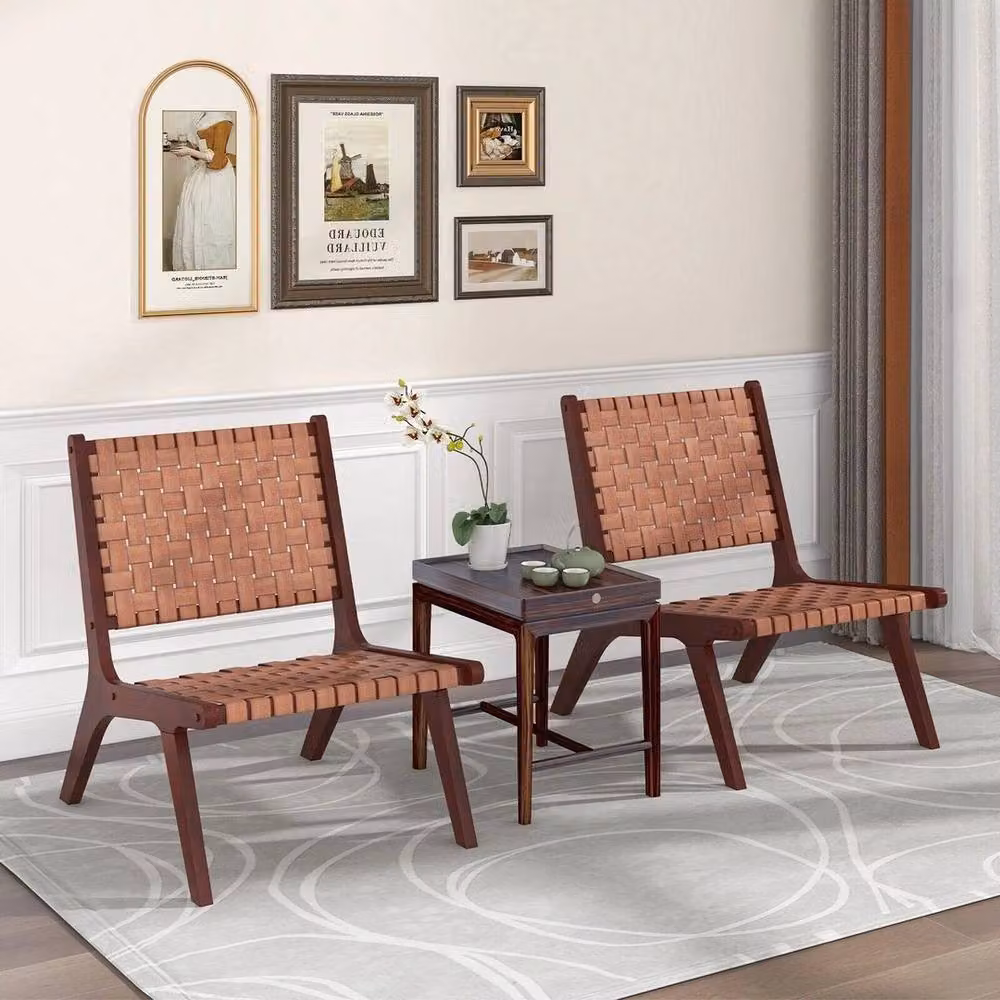 Hinsinc 2-Pack Mid-Century Woven Synthetic Leather Accent Chairs with Solid Rubberwood Frame in Brown – 3