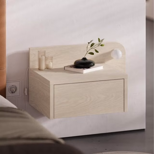 Decortie Dotta Modern Wall Mounted Bedside Table with Integrated Lighting in Oak – 1