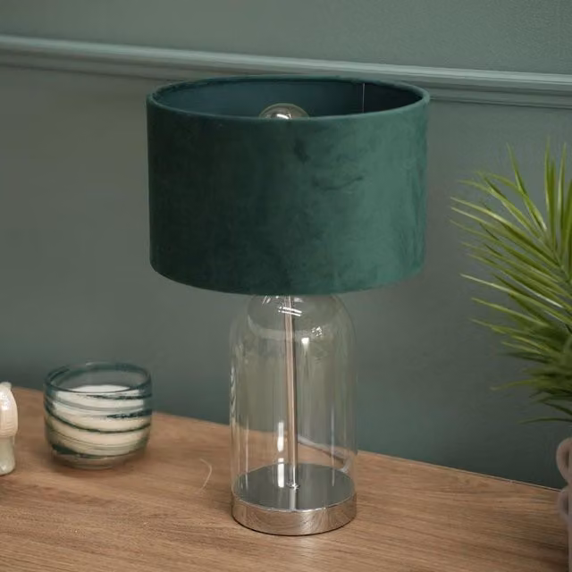ValueLights Jessy Chrome and Glass Table Lamp with Forest Green Fabric Shade in Silver – 1