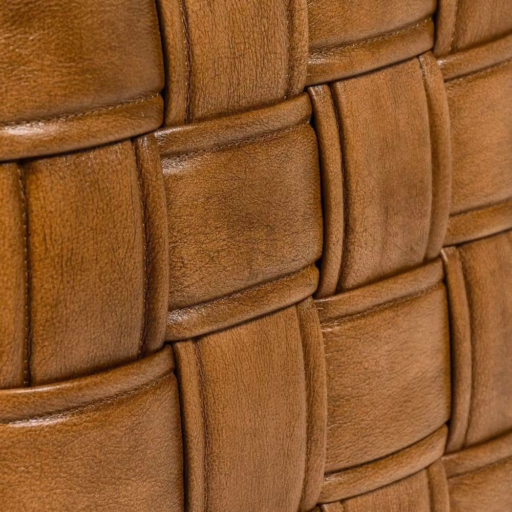 Elm Home And Garden Brown Tan Genuine Leather Woven Pouffe Ottoman Footstool W/D/H: 48 x 47 x 48 cm – 2