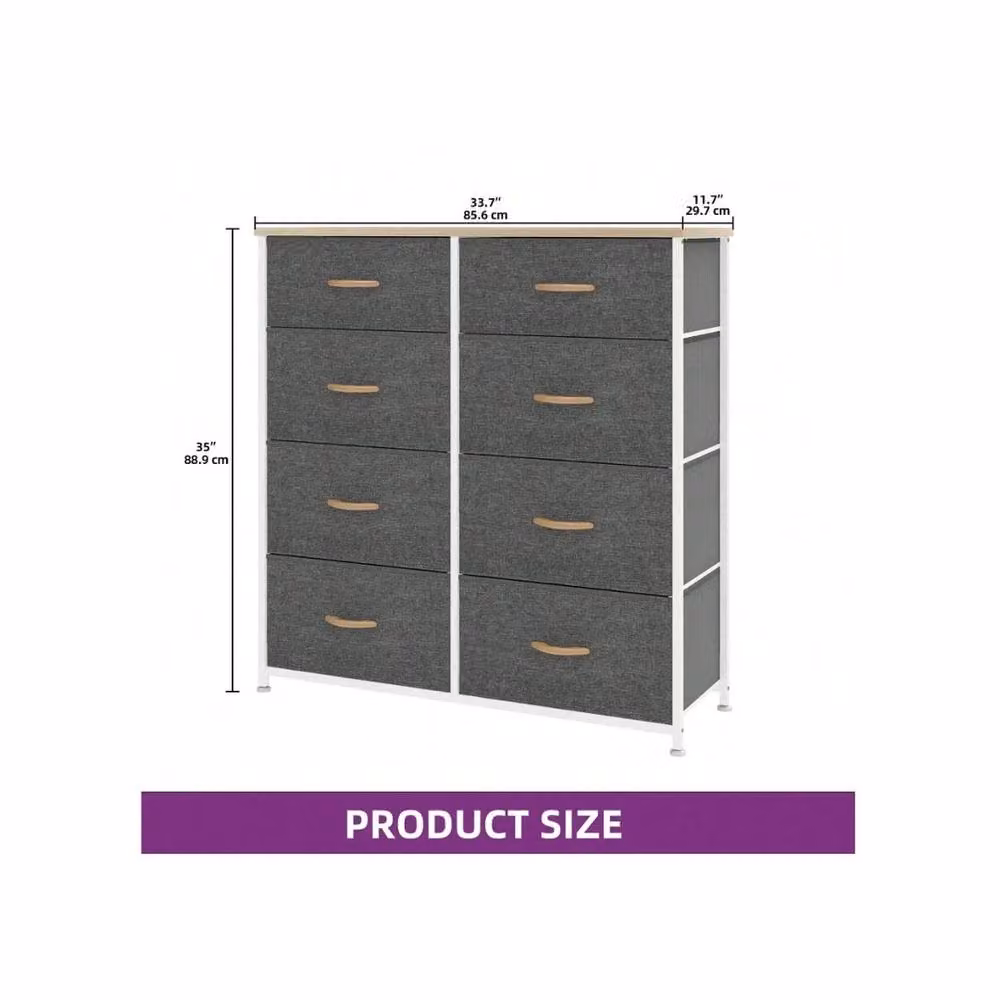 VOGREX 8 Drawer Bedroom Storage Chest with Black Steel Frame and Dark Grey Fabric Drawers – 6