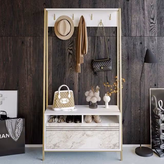 Decorotika Devin Modern Abstract Coat Rack in White and White Marble Effect, Height: 180 cm