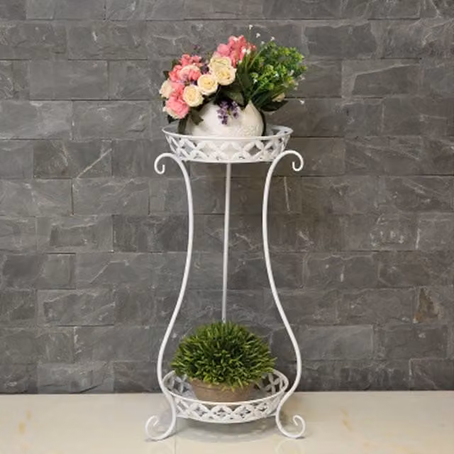 Livingandhome 2 Tier Vintage Metal Plant Stand in White