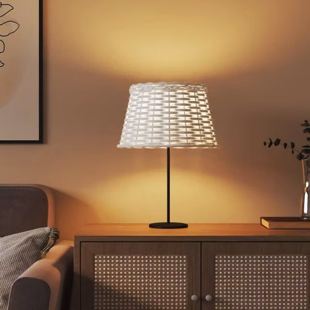 Berkfield Home Round Wicker Lamp Shade in White, W/D/H: 38 x 38 x 23 cm