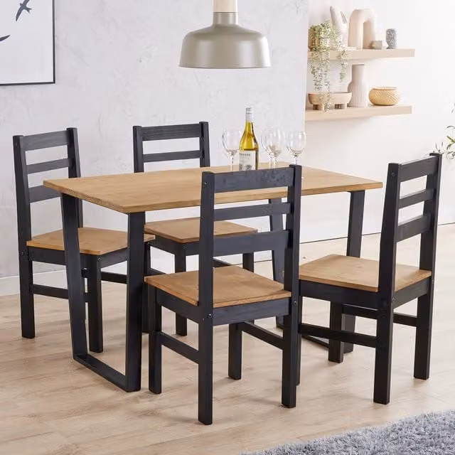 Core Products Ltd Texas Pine Industrial Style Dining Table and 4 Chair Set in Brown and Black, W/D/H: 120 x 118 x 76 cm