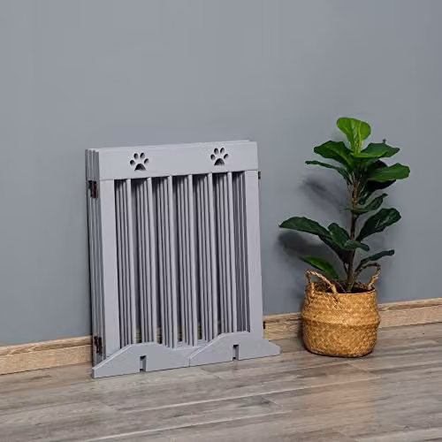 PawHut 4-Panel Wooden Freestanding Pet Gate and Folding Dog Barrier in Light Grey, H 61 cm x W 204 cm – 3