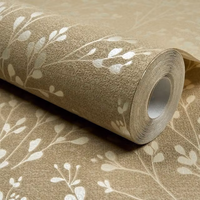 Grandeco Calluna Botanical Floral Blown Vinyl Wallpaper in Beige