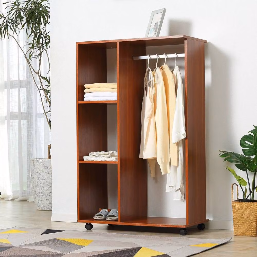 FLAVORA Rolling Open Wardrobe with Hanging Rail and Storage Shelves in Brown Walnut Matt Finish – 6