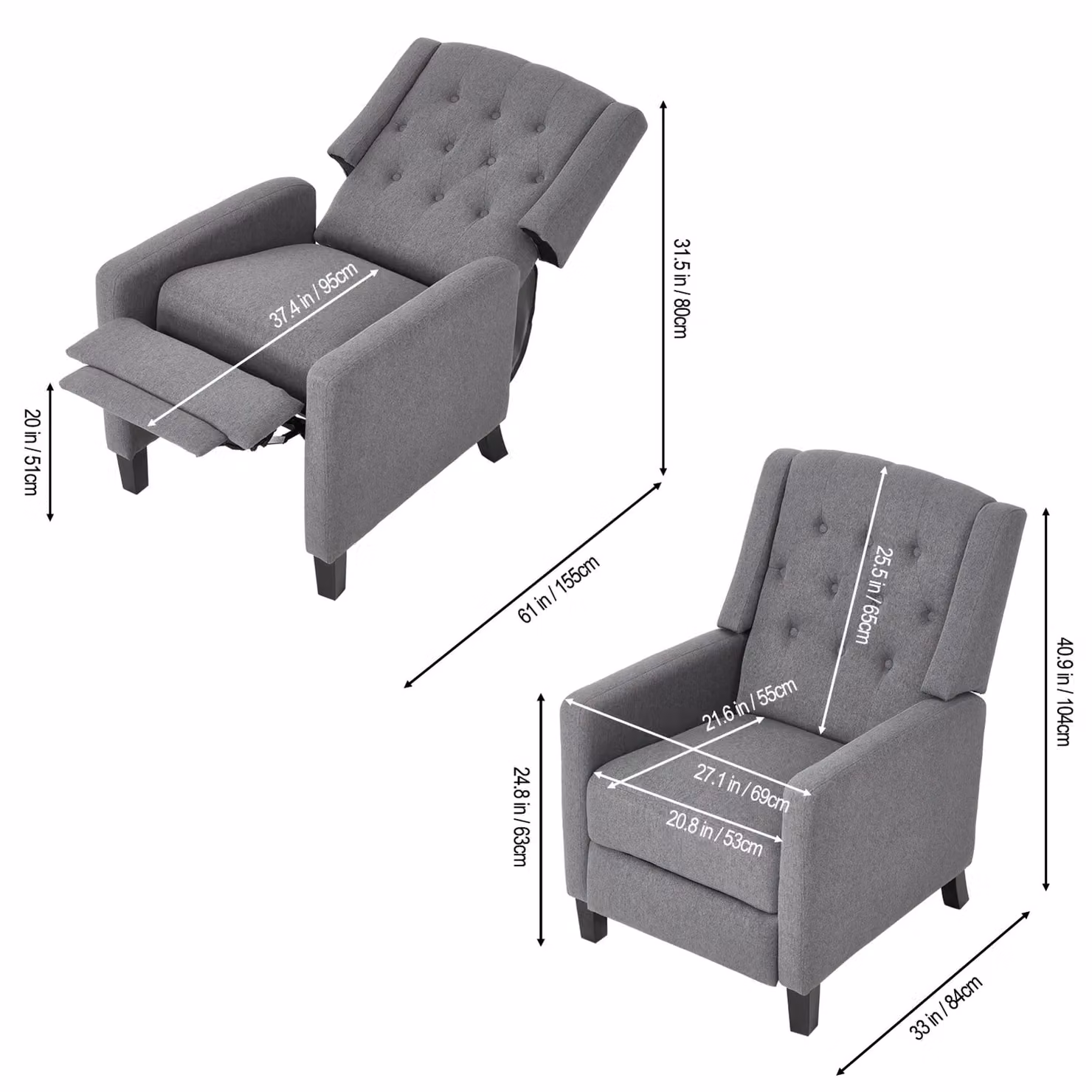 Living and Home Grey Fabric Single Upholstered Pushback Recliner Armchair – 6