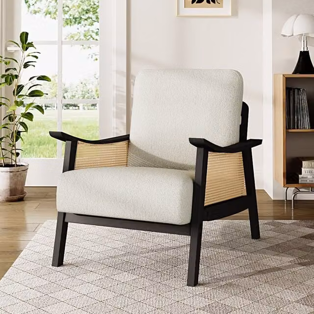 Livingandhome Mid-Century White Bouclé Upholstered Armchair with Solid Wood and Rattan Frame
