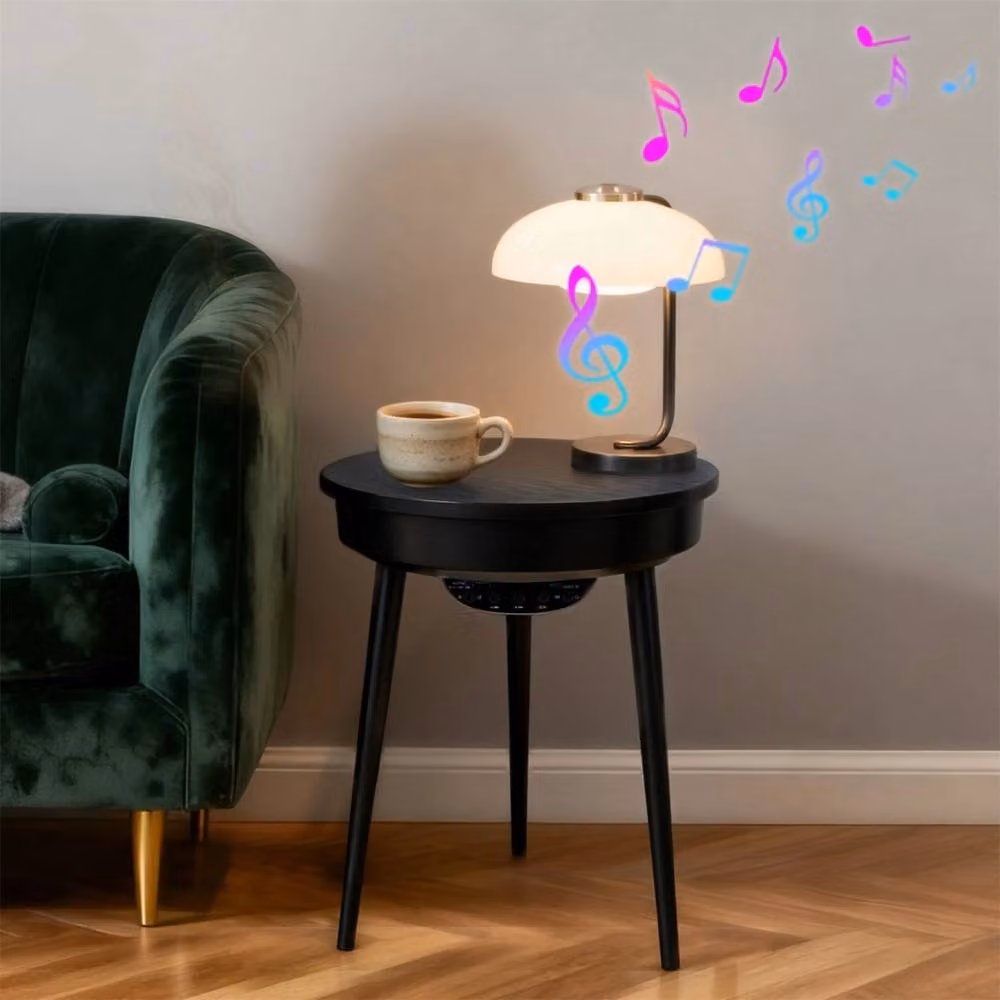ERGOVEXA Modern Round Side Table with Integrated Bluetooth Speaker in Black Carbon Fiber Finish – 2