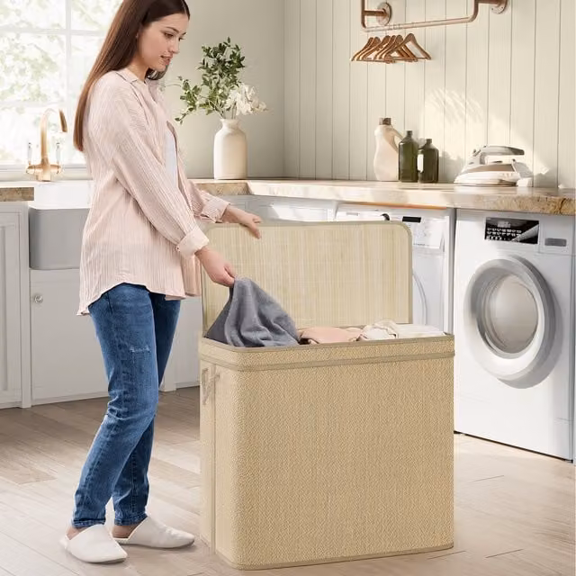 SONGMICS 3-Section Laundry Hamper and Bamboo Clothes Organiser, Yellow