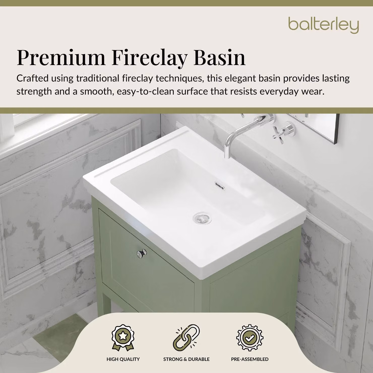 Balterley Freestanding Bathroom Vanity Unit with Basin and Open Shelf, Green, W/D/H: 63.0 x 47.1 x 86.5 cm – 2