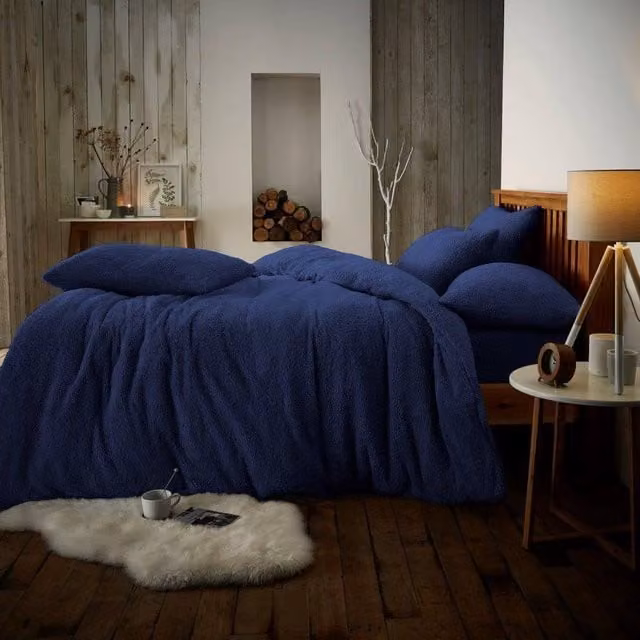 Smart Living Luxury Teddy Plain Duvet Cover and Pillowcase Set in Navy Blue, W: 140 cm, L: 200 cm