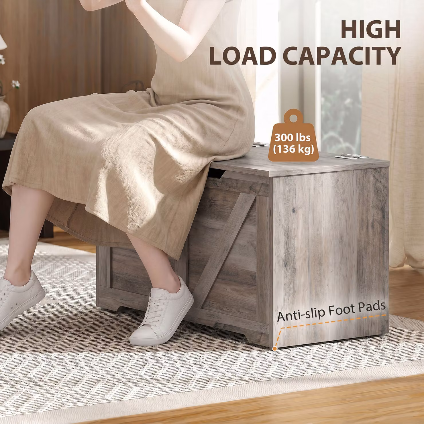 HOMCOM 100L Home Storage Box with Soft-Close Safety Hinge in Grey Wood-Effect, W: 80 cm, D: 45 cm, H: 136 cm – 5