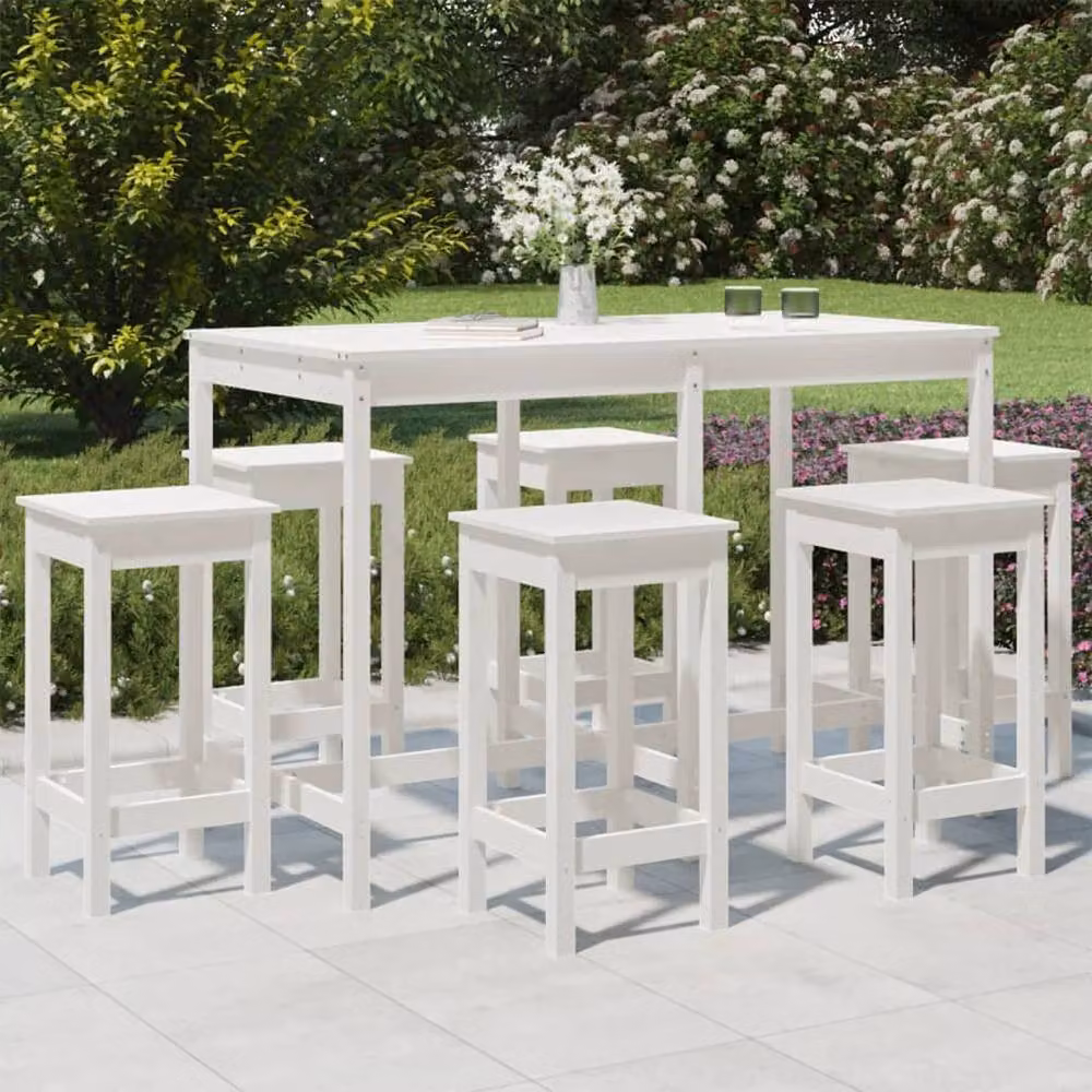 Berkfield Home Beautiful 7 Piece White Solid Wood Pine Garden Bar Set W/D/H: 110.0 x 159.5 x 82.5 cm – 2
