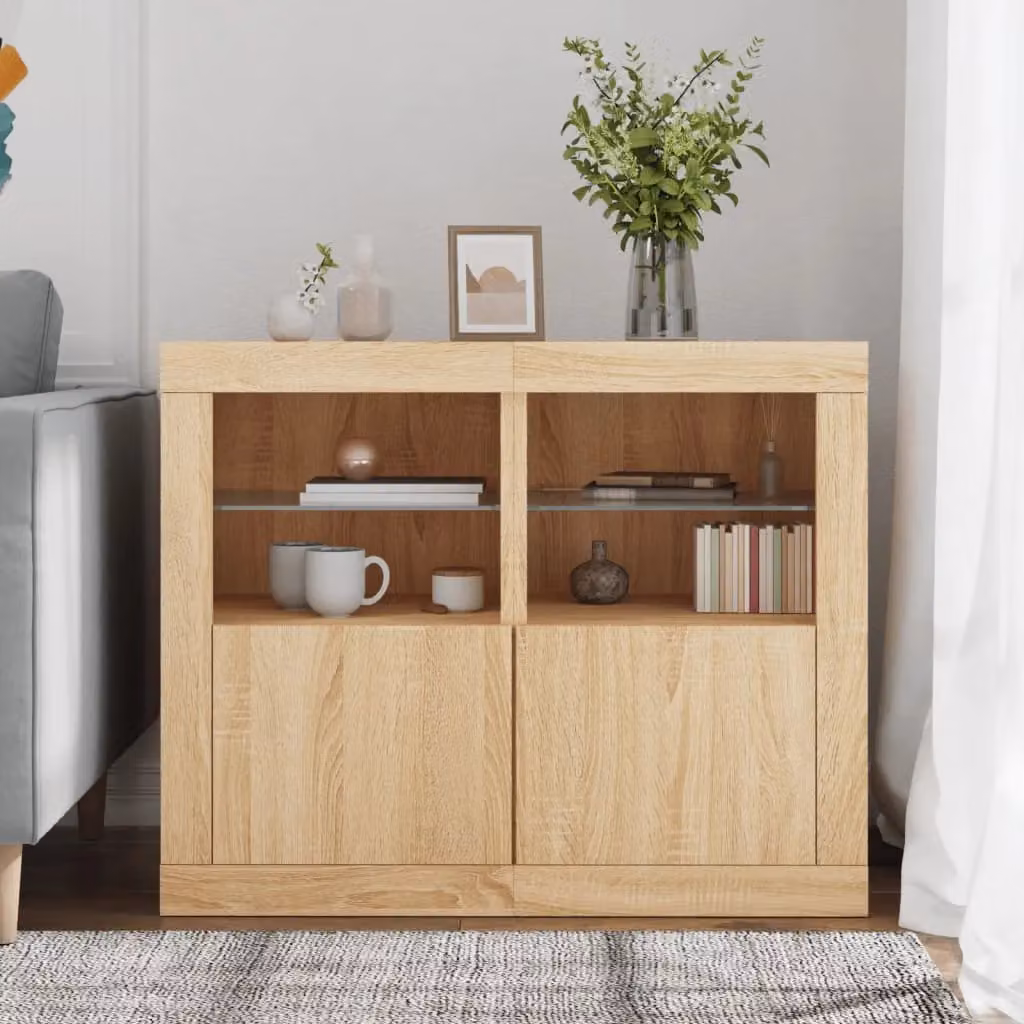 Berkfield Home Set of 2 Modern Side Cabinets in Sonoma Oak Brown with Integrated LED Lighting and Glass Doors – 2