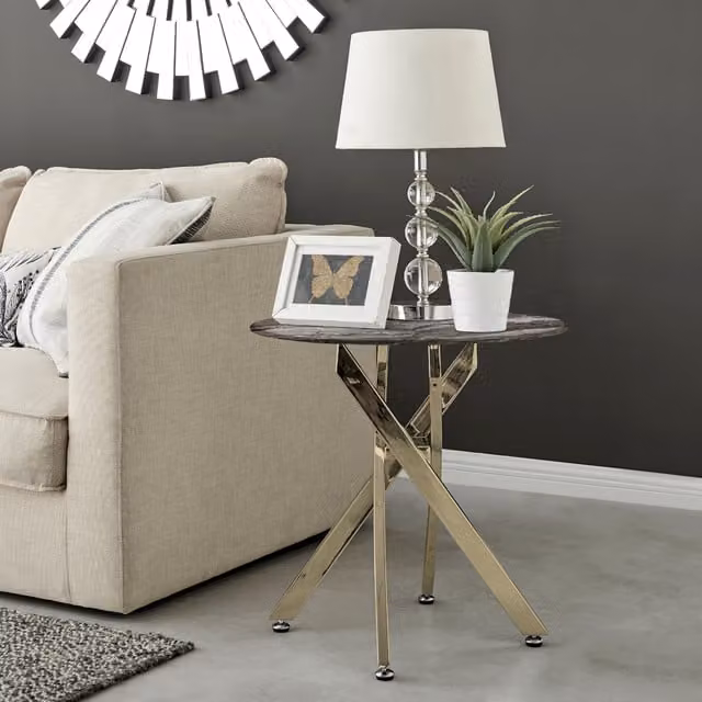 FurnitureboxUK Novara Round Side Table with Grey Marble Effect Glass Top and Gold Metal Legs