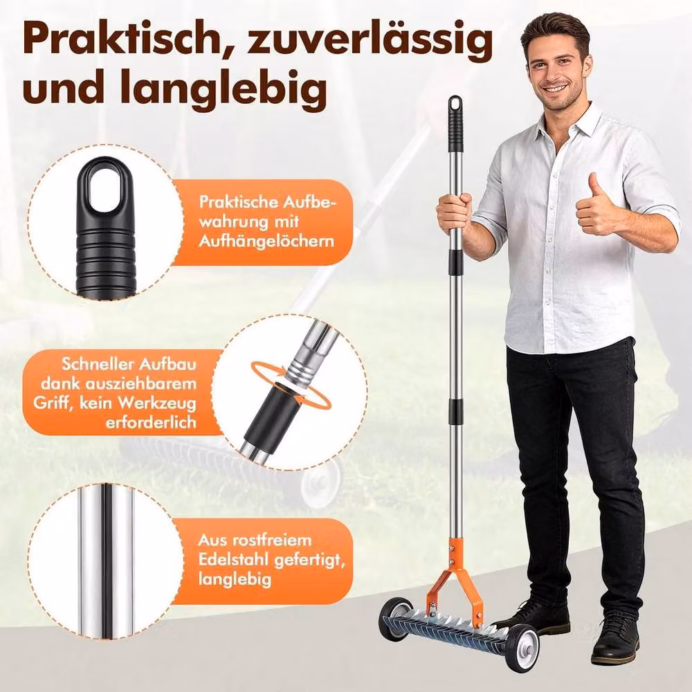 FLAVORA Manual Lawn Aerator and Scarifier with Handle, Orange and Multicolour, 1.25 kg – 2