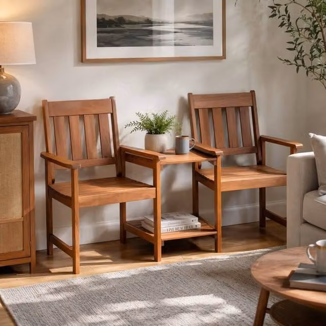 Samuel Alexander Rydal 2 Seater Wooden Indoor Love Seat with Central Table in Brown, W/D/H: 154 x 60 x 97 cm