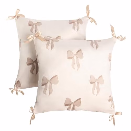 OHS Matte Velvet Bow Print Decorative Square Cushion Covers, Set of 2, Cream/Beige, W/D/H: 45 x 45 x 45 cm