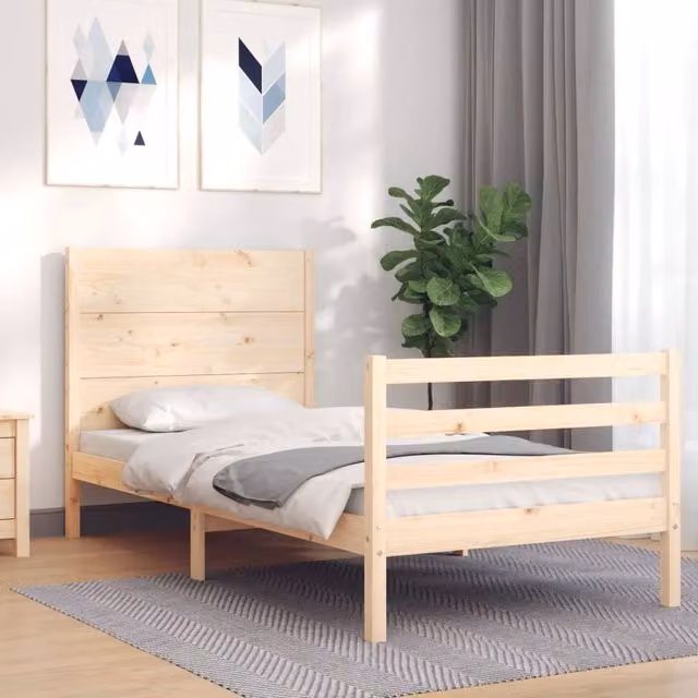 Berkfield Home Beautiful Bed Frame with Headboard in Natural Solid Pine, W/D/H: 90 x 200 cm