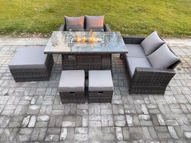 Fimous 7 Seater Rattan Garden Furniture Set with Gas Fire Pit Dining Table and 3 Footstools in Dark Grey