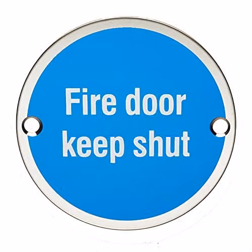 Loops Polished Stainless Steel Fire Door Keep Shut Sign, Diameter: 7.6 cm, Fixing Centres: 6.4 cm – 1