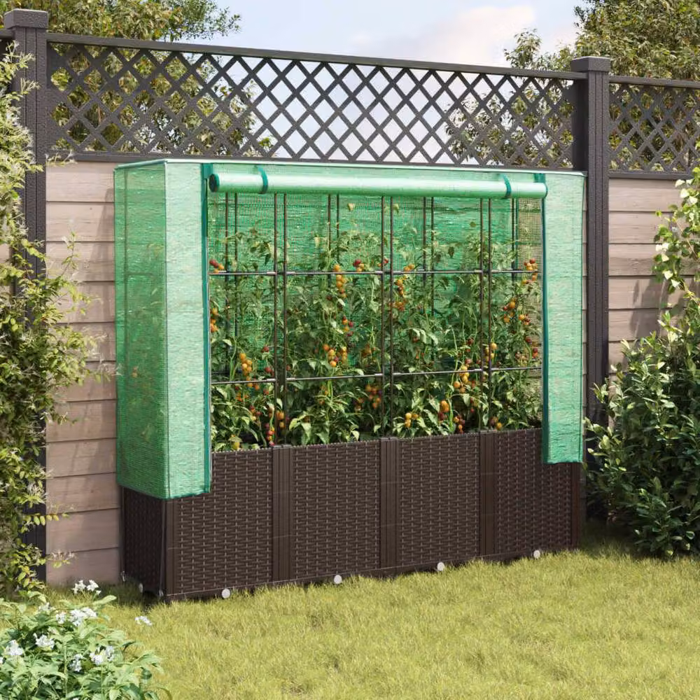 Berkfield Home Raised Bed with Greenhouse Cover in Brown Rattan Look, W/D/H: 160 x 40 x 153 cm – 2