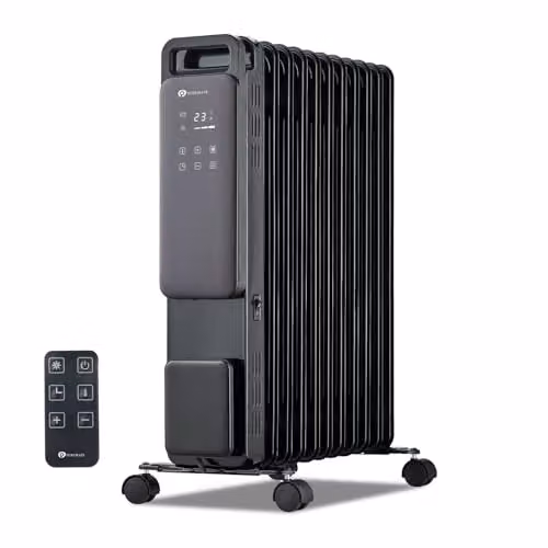 PureMate 2500W 11 Fin Oil Filled Radiator in Black, Portable Freestanding Electric Heater with Adjustable Thermostat, Timer, Overheat and Tilt Protection – 7