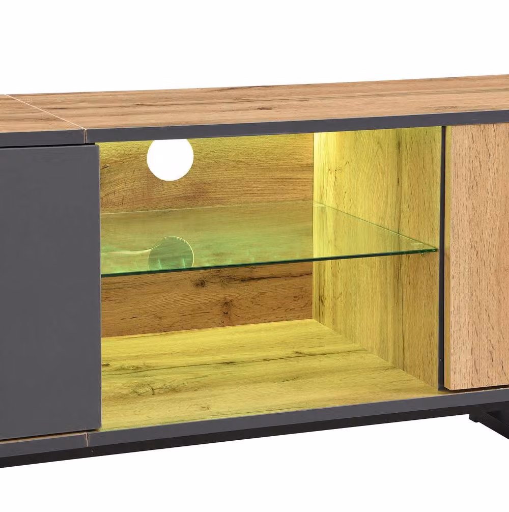 STILVORA Modern TV Stand with LED, Glass Shelves and 3 Doors in Sand/Beige/Brown, W: 190 cm, D: 40 cm, H: 50 cm – 4