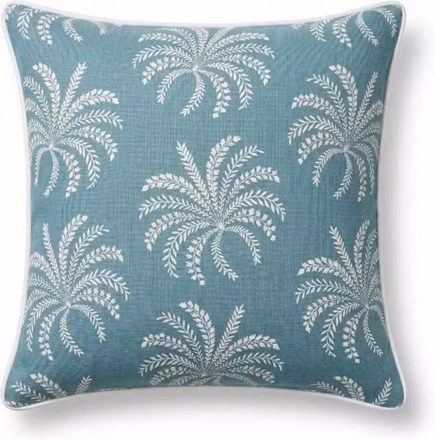 Homescapes Blue Palm Leaves Cotton Square Throw Pillow with Removable Cover, W/D/H: 45 x 45 x 45 cm