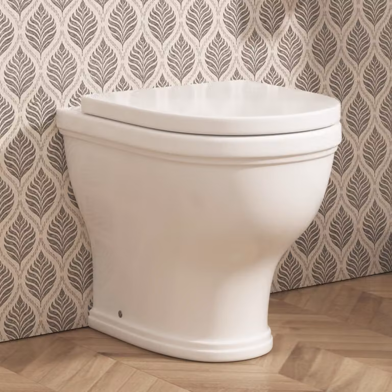 Royal Bathrooms Venice Short Projection Back To Wall Rimless Round Toilet Pan in White with Soft Close Seat