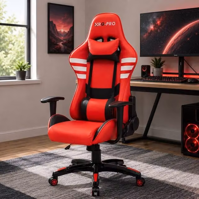RayGar RG-PRO Gaming Chair in Red with Synthetic Leather, Headrest, Armrests and 360 Degree Swivel – 1