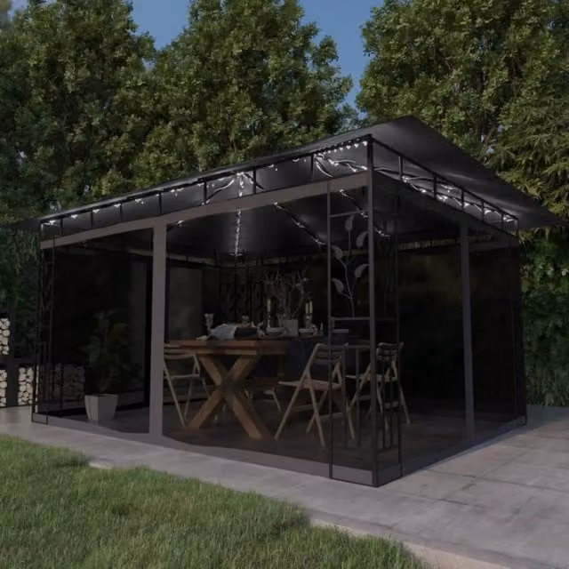 Berkfield Home Gazebo with Mosquito Net and LED String Lights, Anthracite and Black, W: 400 cm, D: 300 cm, H: 273 cm
