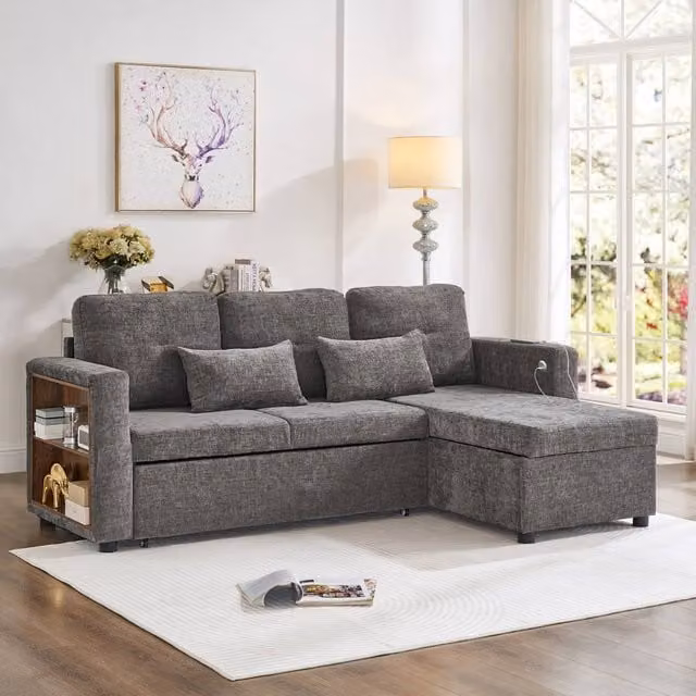 Rolipo 3-in-1 Convertible Chenille L-Shaped Sofa Bed with Storage and USB Charging, Grey – 1