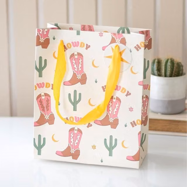 Kingsbury Gifts Cowboy Boot Print Paper Gift Bag, White and Multicolour, W: 23 cm, H: 19 cm