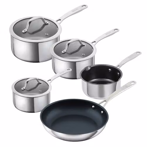 Kuhn Rikon 5-Piece Stainless Steel Cookware Set with Non-Stick Pans and Glass Lids, Silver